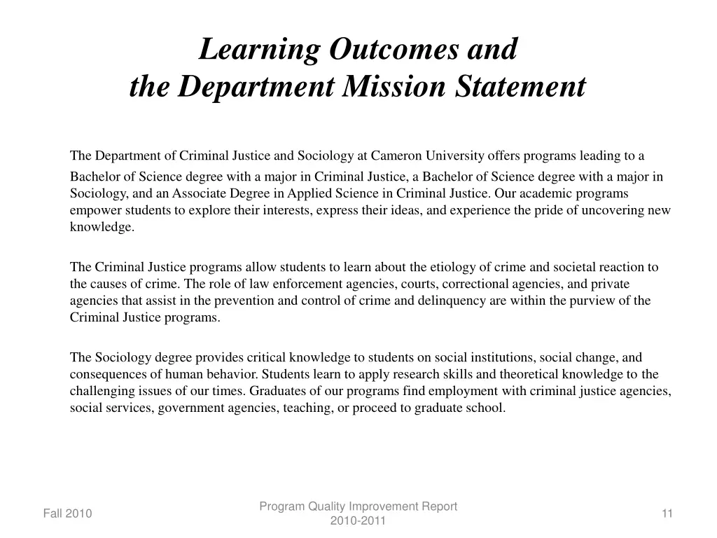 learning outcomes and the department mission