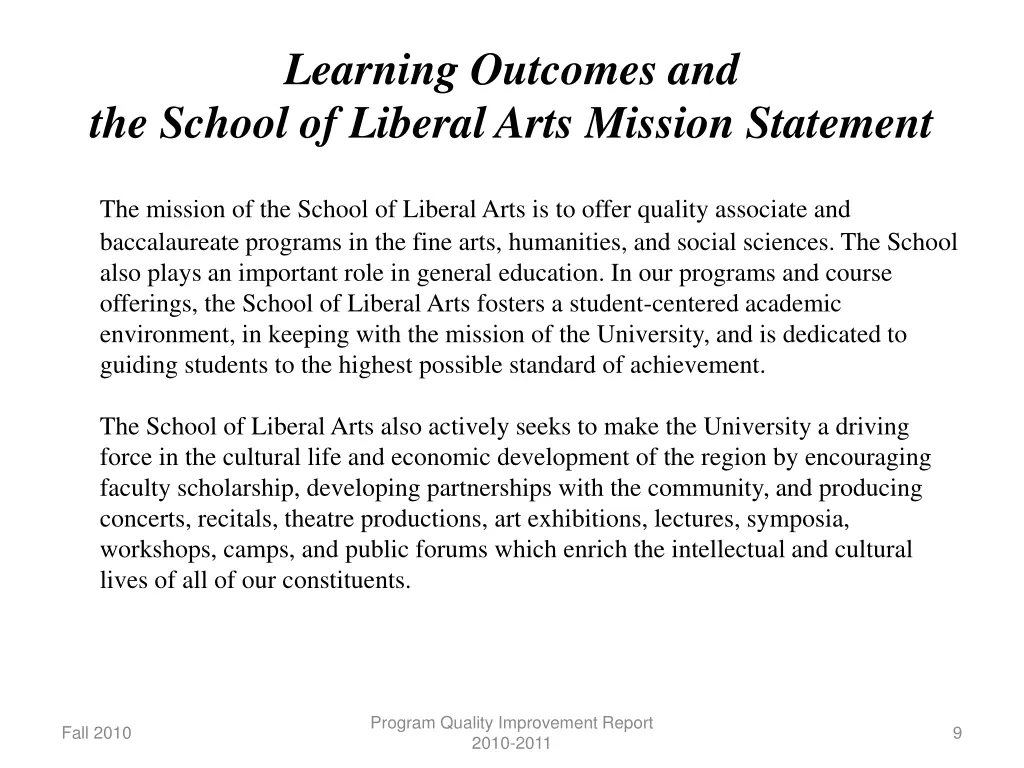 learning outcomes and the school of liberal arts