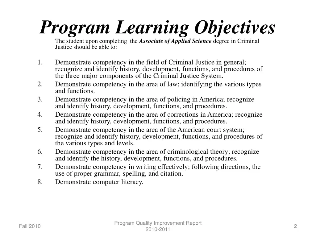 program learning objectives the student upon