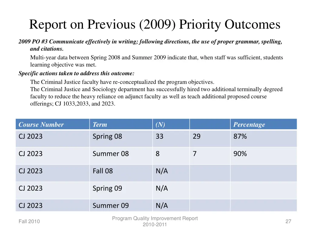 report on previous 2009 priority outcomes 2