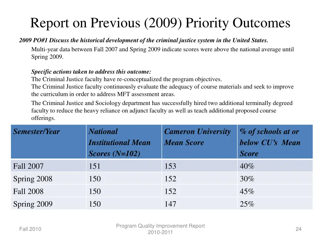 report on previous 2009 priority outcomes