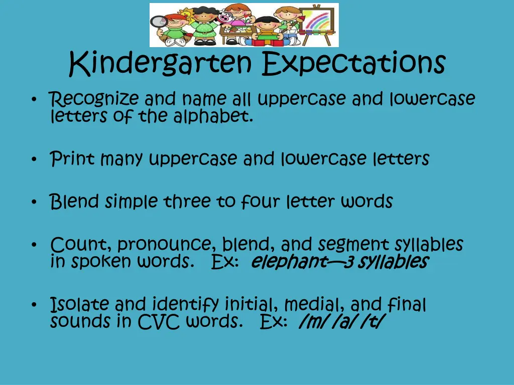 kindergarten expectations recognize and name