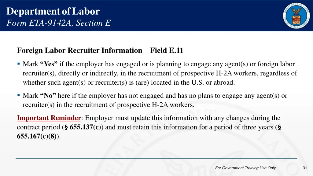 department of labor form eta 9142a section e 2