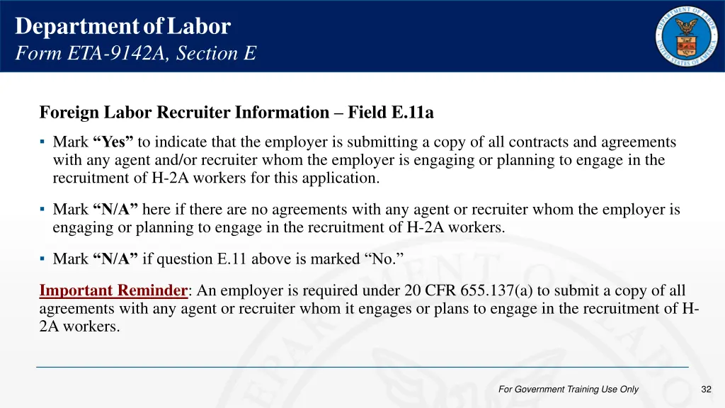 department of labor form eta 9142a section e 3