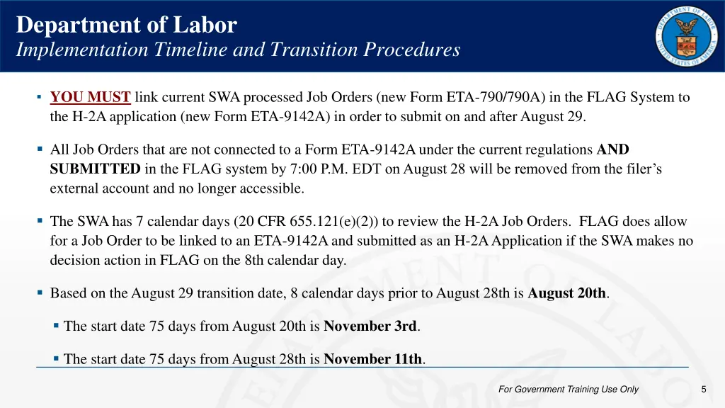 department of labor implementation timeline 1