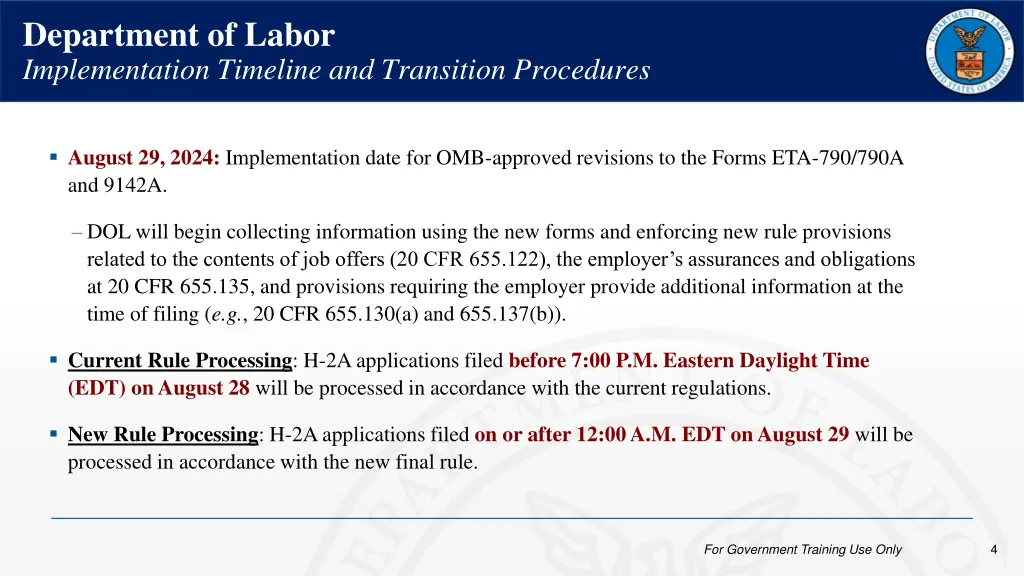 department of labor implementation timeline