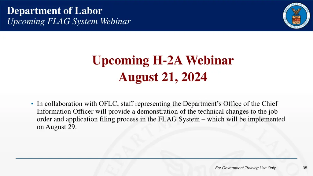 department of labor upcoming flag system webinar