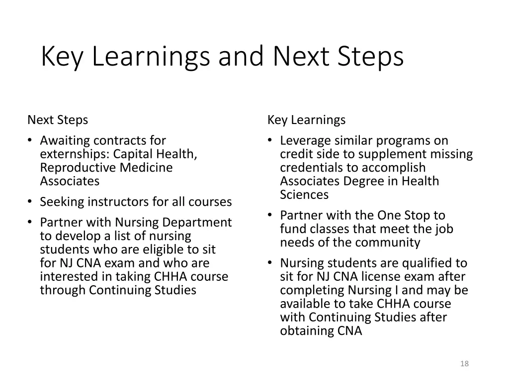 key learnings and next steps