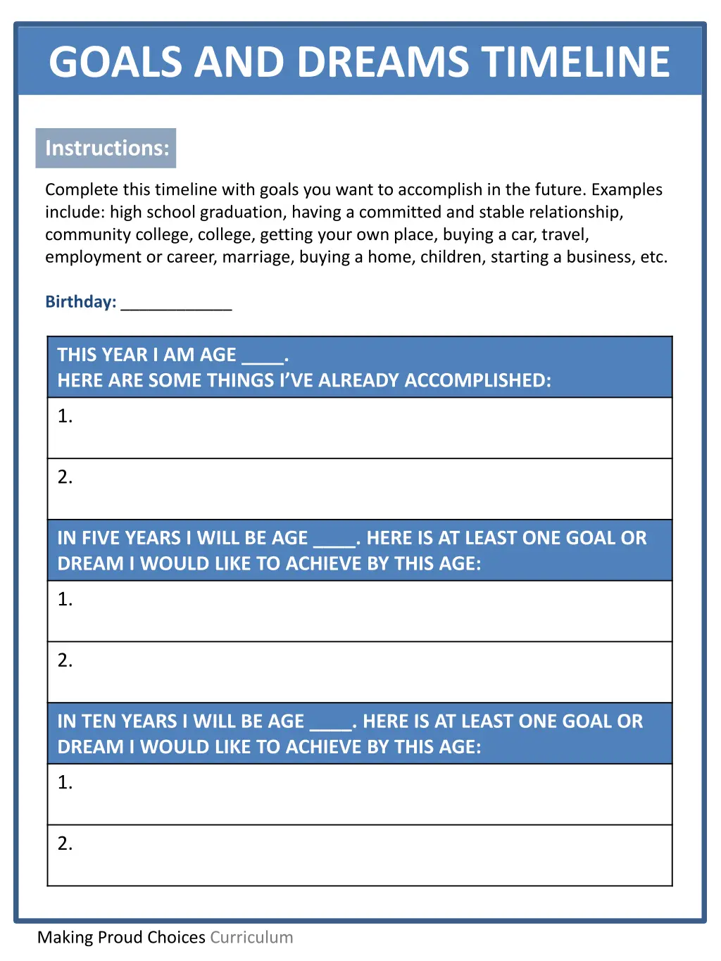 goals and dreams timeline