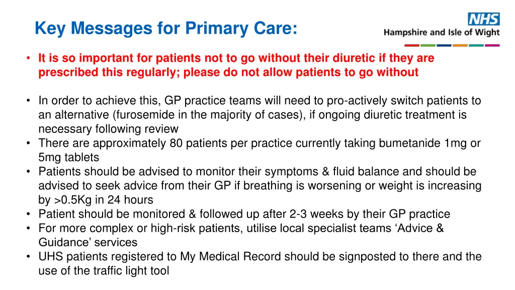 key messages for primary care