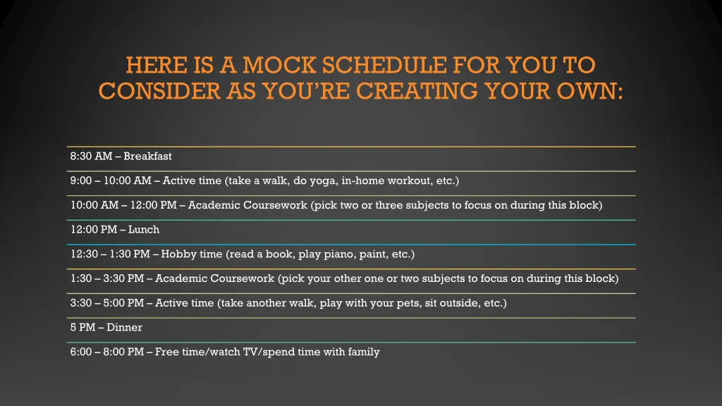 here is a mock schedule for you to consider