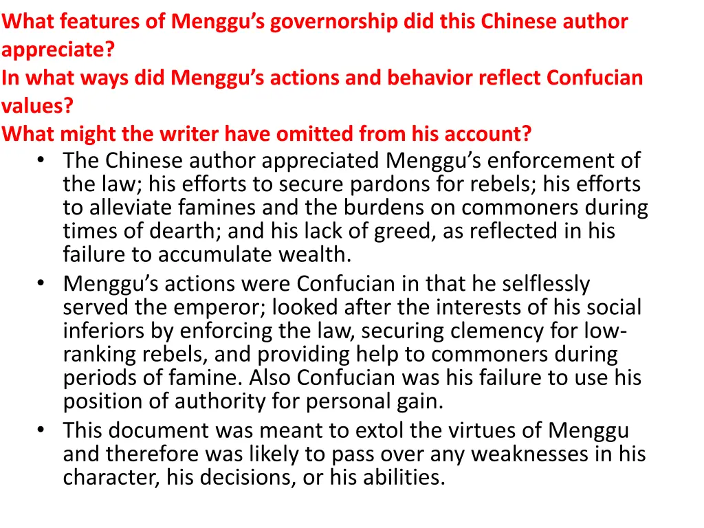 what features of menggu s governorship did this