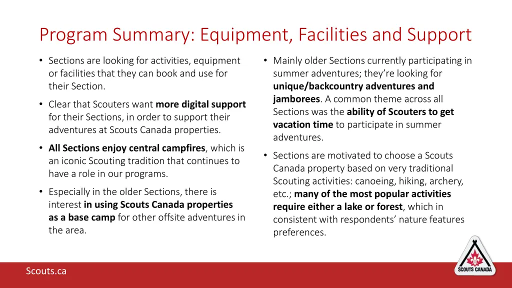 program summary equipment facilities and support