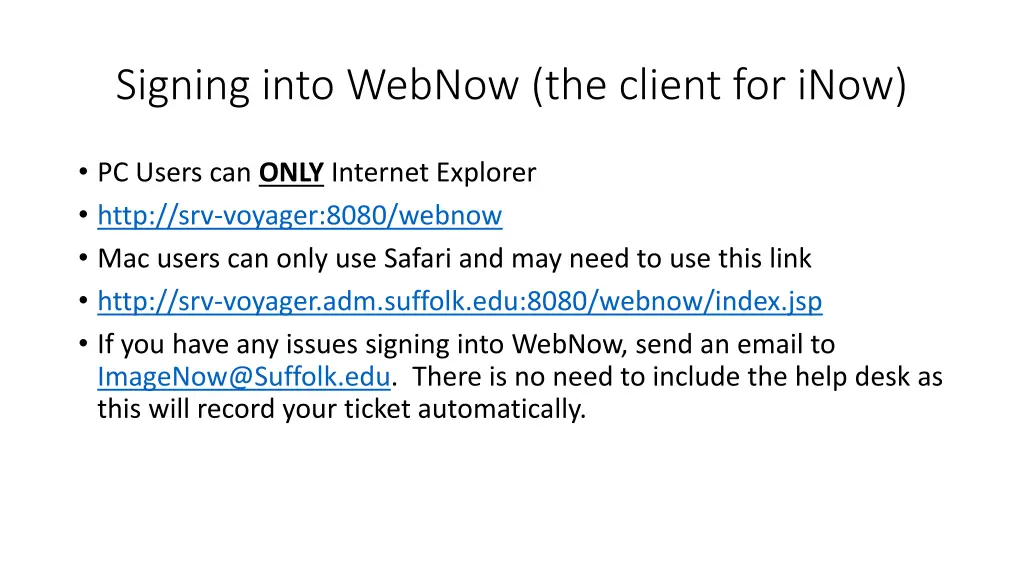 signing into webnow the client for inow