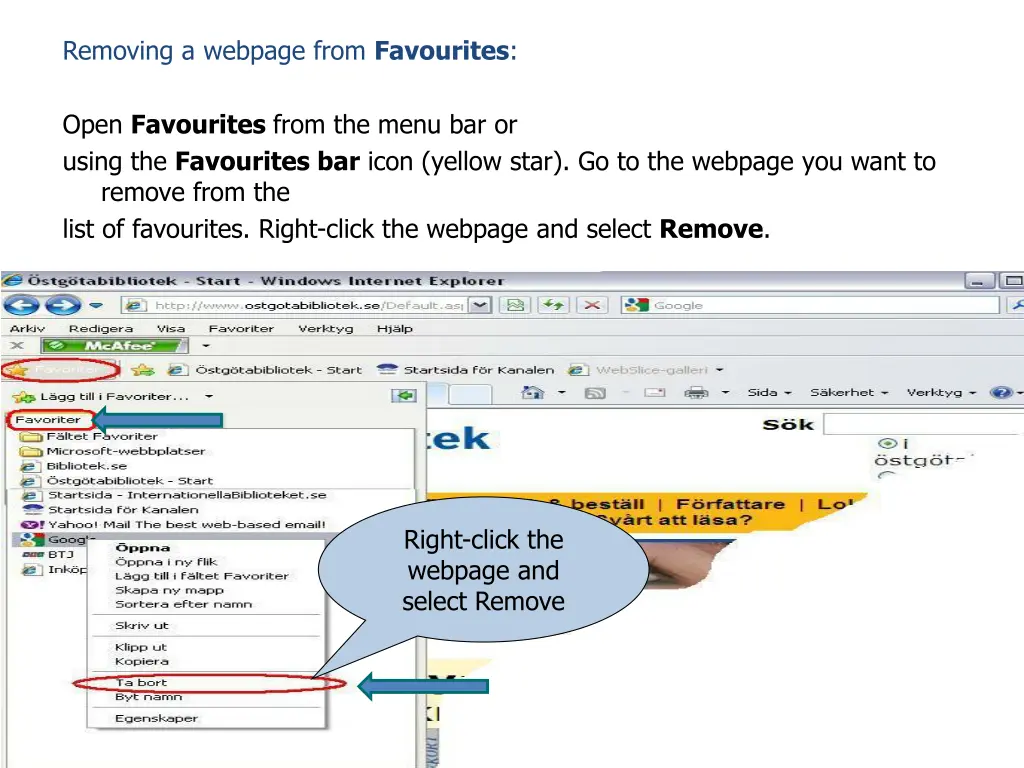 removing a webpage from favourites