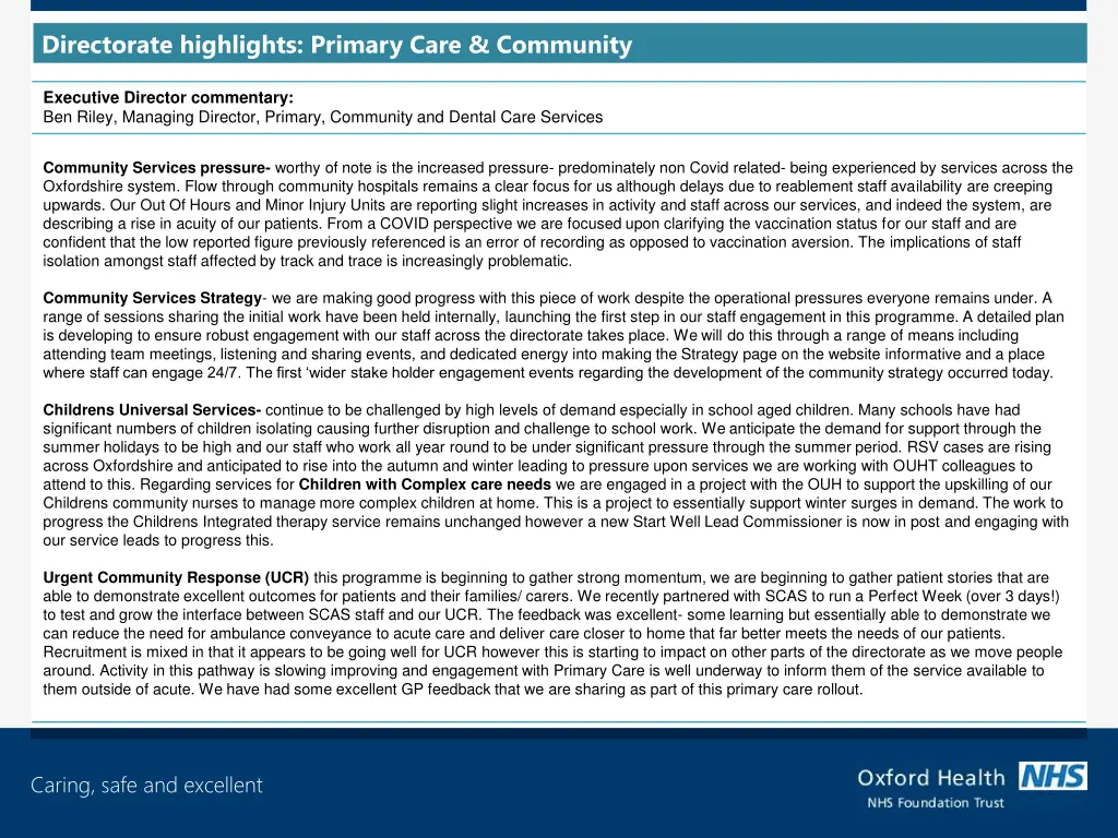 directorate highlights primary care community