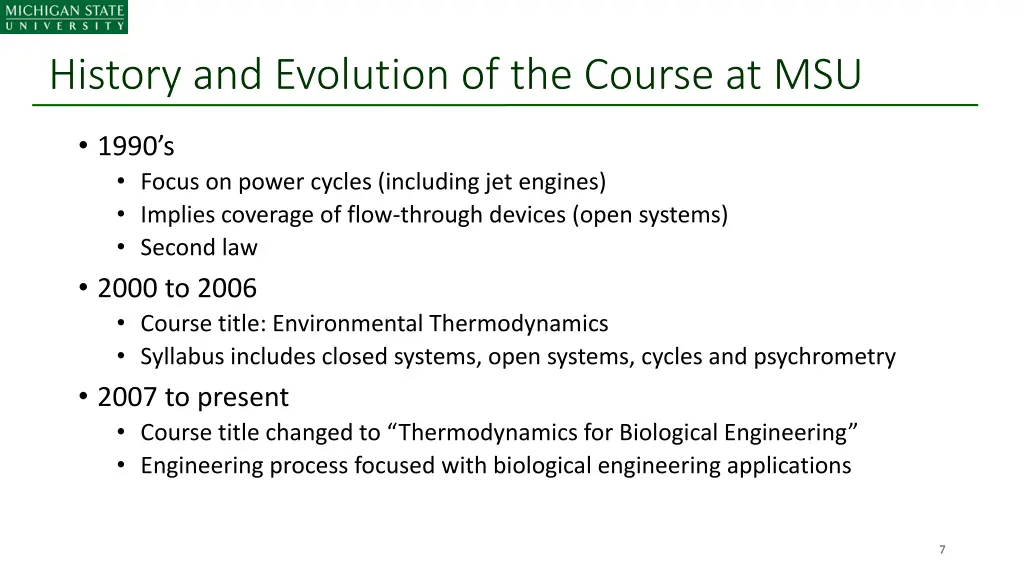 history and evolution of the course at msu