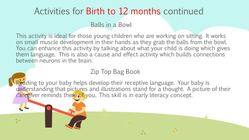 activities for birth to 12 months continued