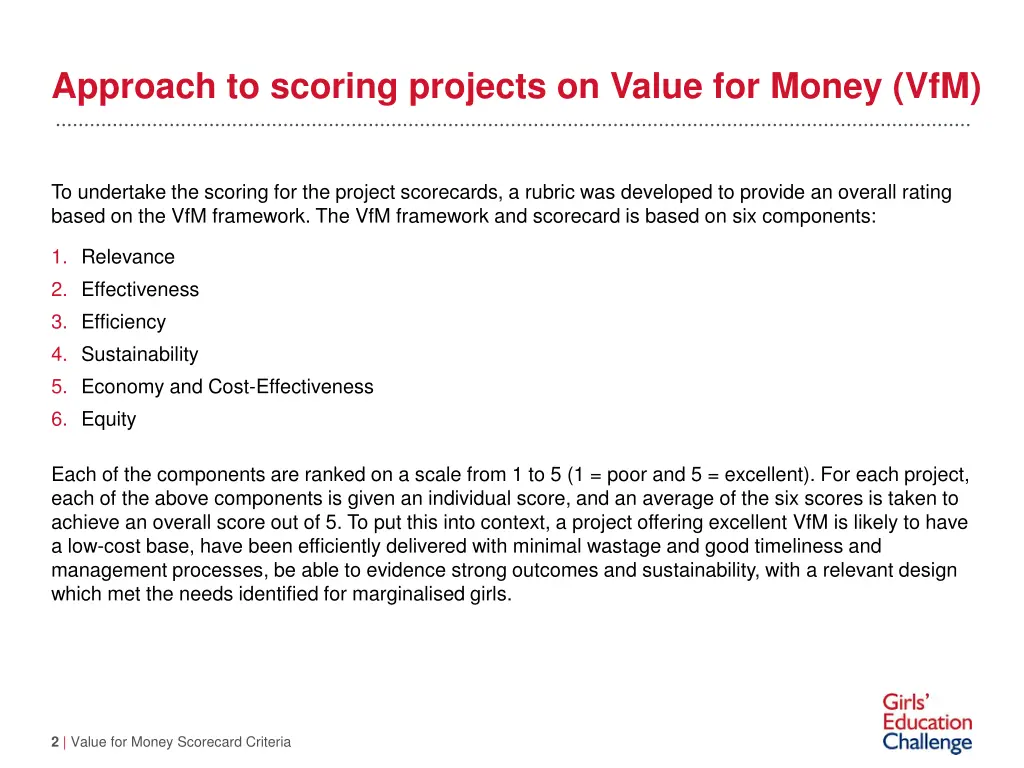 approach to scoring projects on value for money