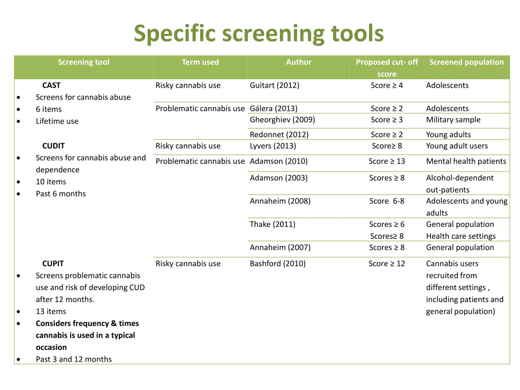 specific screening tools