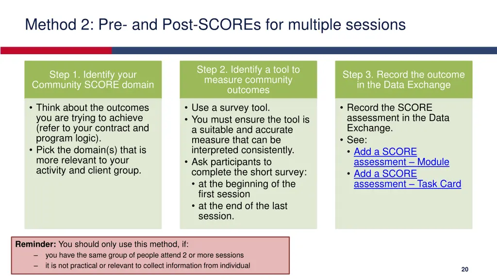 method 2 pre and post scores for multiple sessions