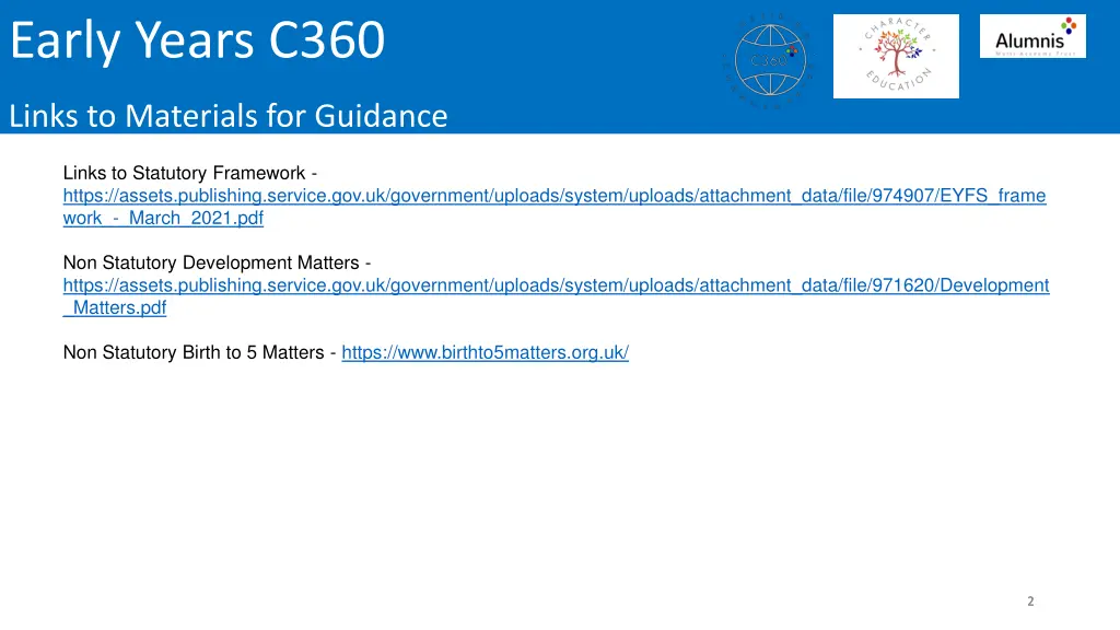 early years c360 links to materials for guidance