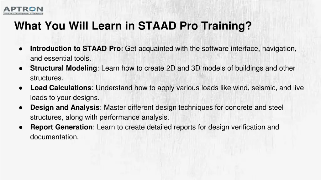 what you will learn in staad pro training