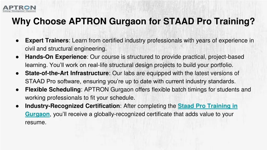 why choose aptron gurgaon for staad pro training