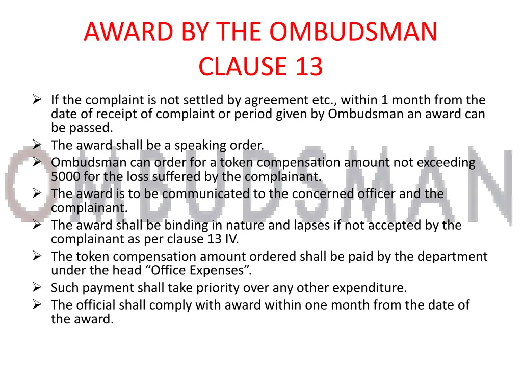 award by the ombudsman clause 13