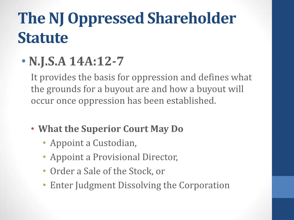 the nj oppressed shareholder statute