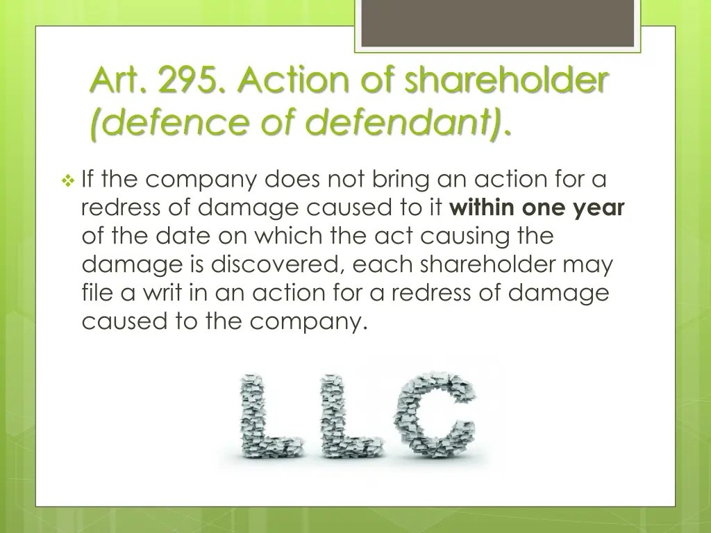 art 295 action of shareholder defence of defendant