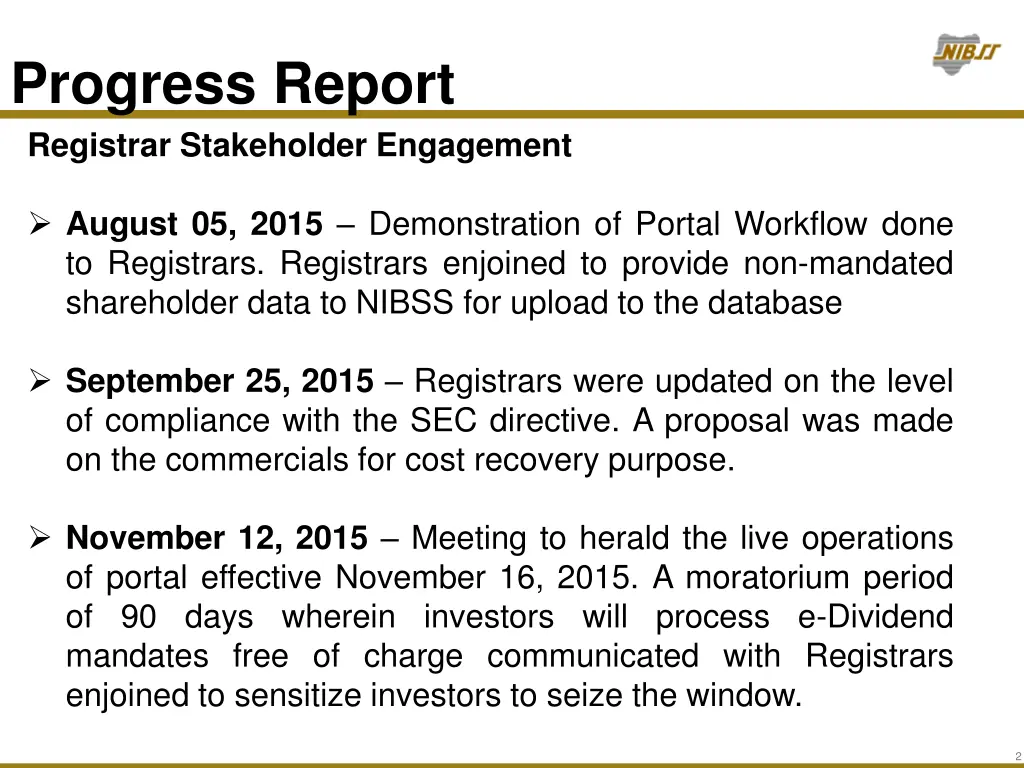 progress report registrar stakeholder engagement