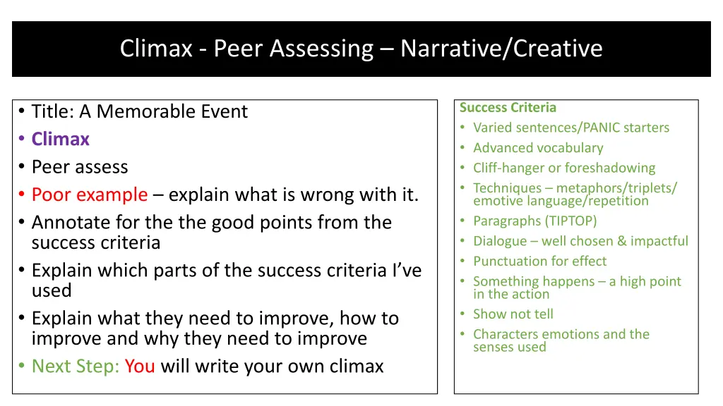 climax peer assessing narrative creative