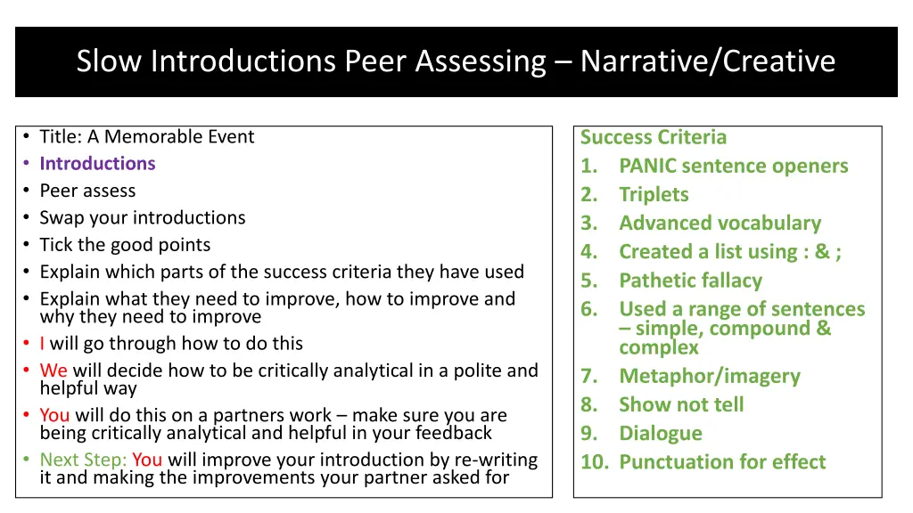 slow introductions peer assessing narrative