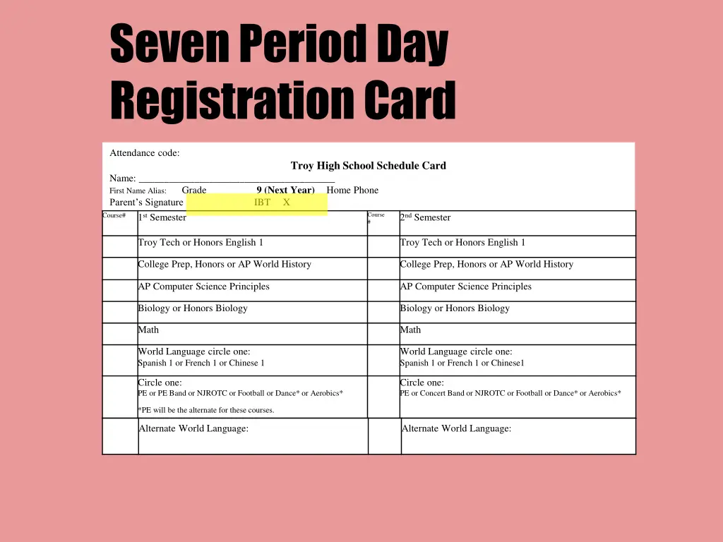 seven period day registration card