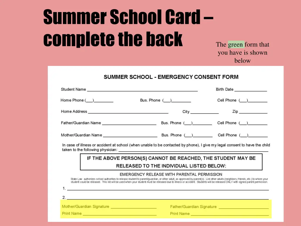 summer school card complete the back