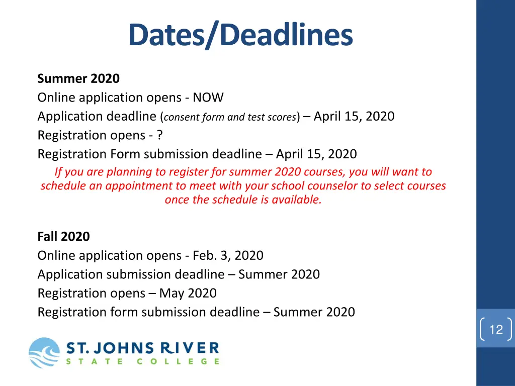 dates deadlines