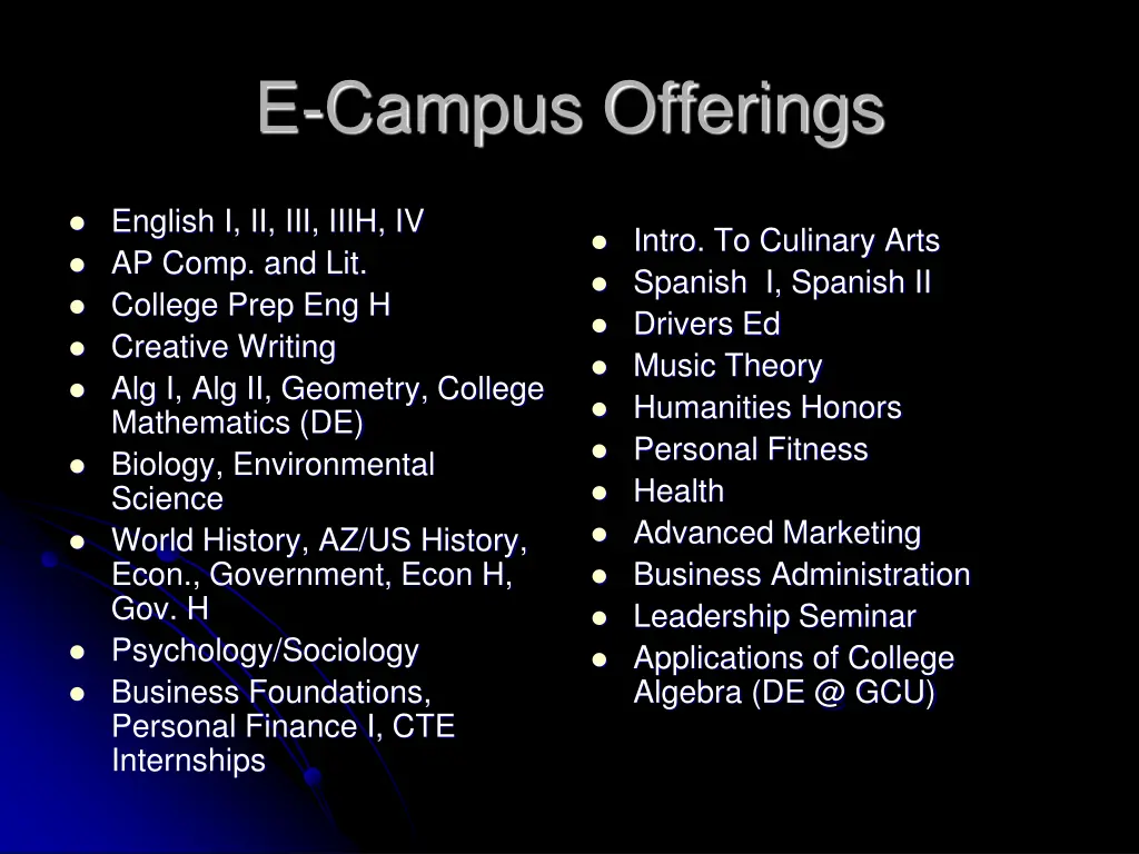 e campus offerings