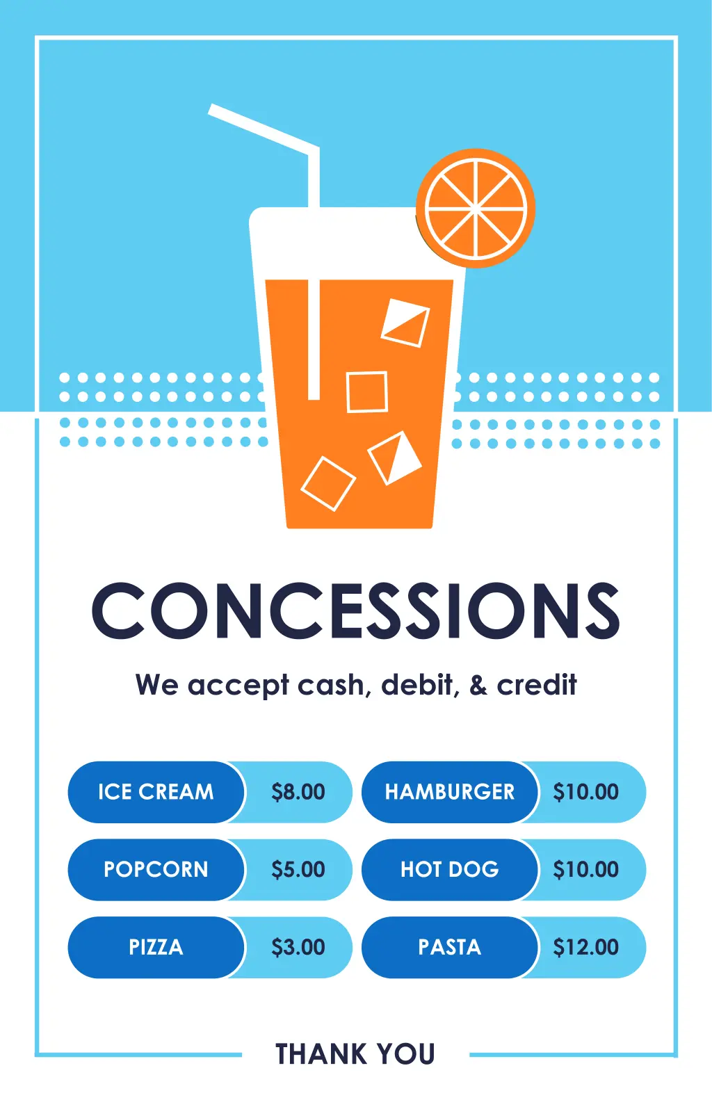 concessions we accept cash debit credit