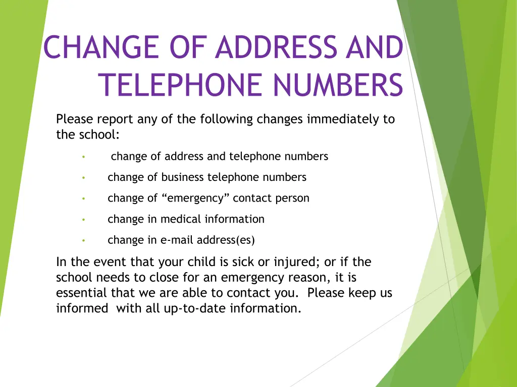 change of address and telephone numbers