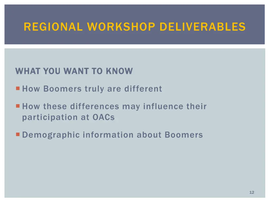 regional workshop deliverables