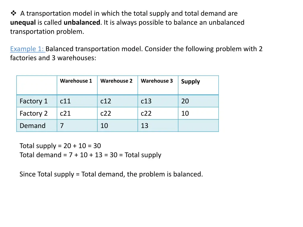 a transportation model in which the total supply