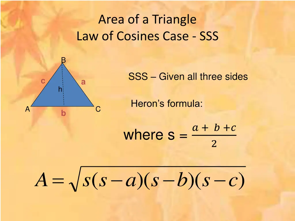 area of a triangle law of cosines case sss