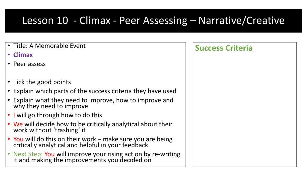 lesson 10 climax peer assessing narrative creative