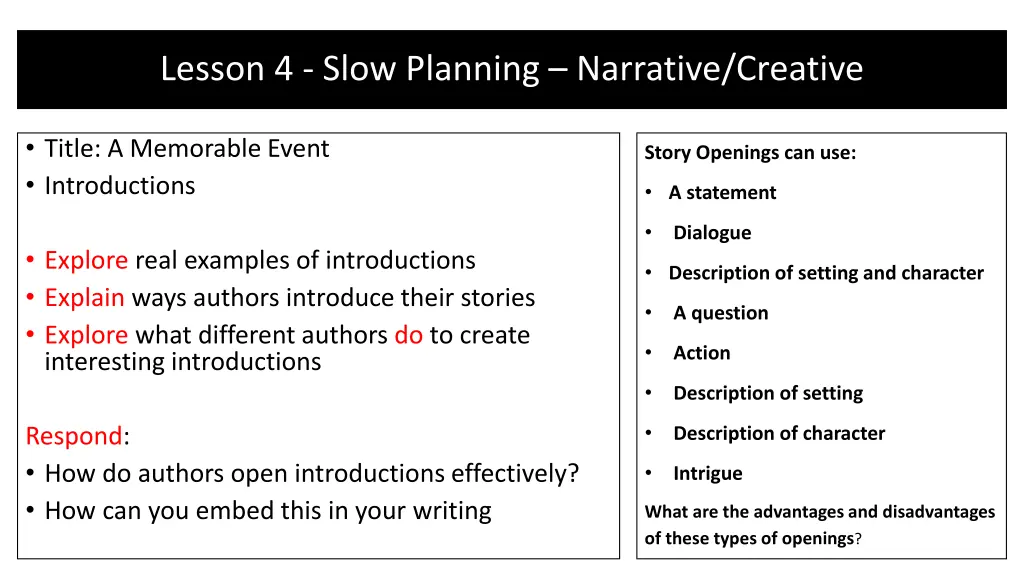 lesson 4 slow planning narrative creative