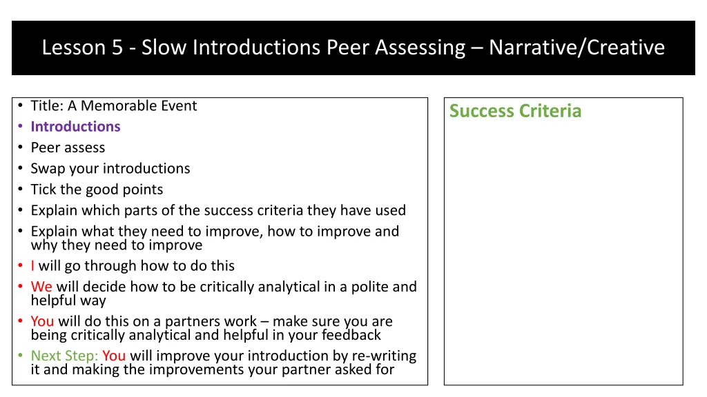 lesson 5 slow introductions peer assessing