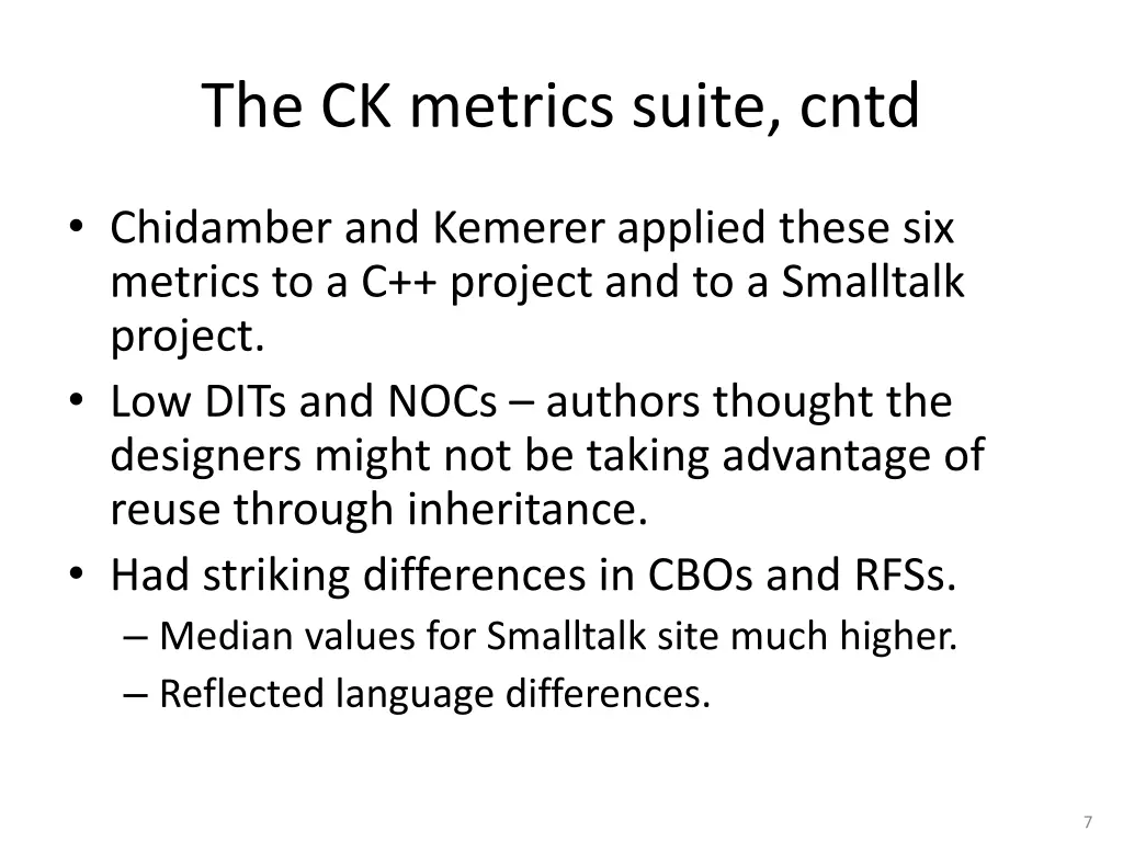 the ck metrics suite cntd 1