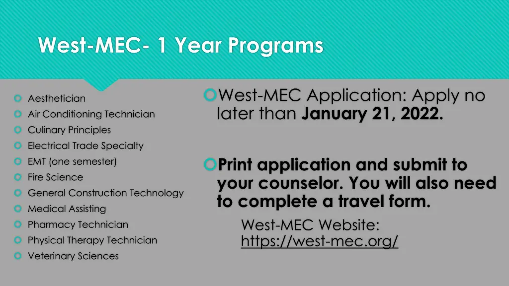 west mec 1 year programs