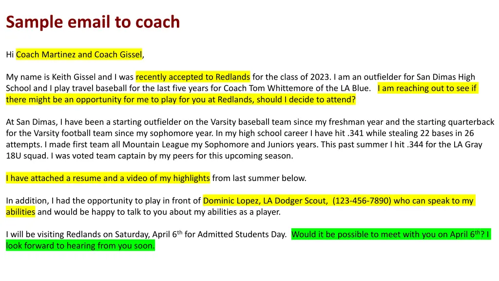 sample email to coach