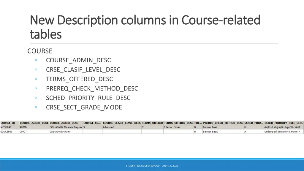 new description columns in course new description